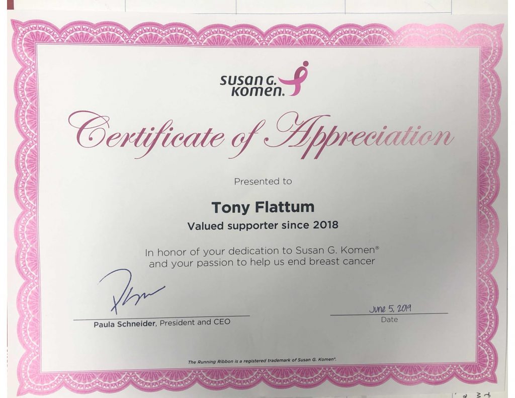 Susan G. Komen Certificate of Appreciation.